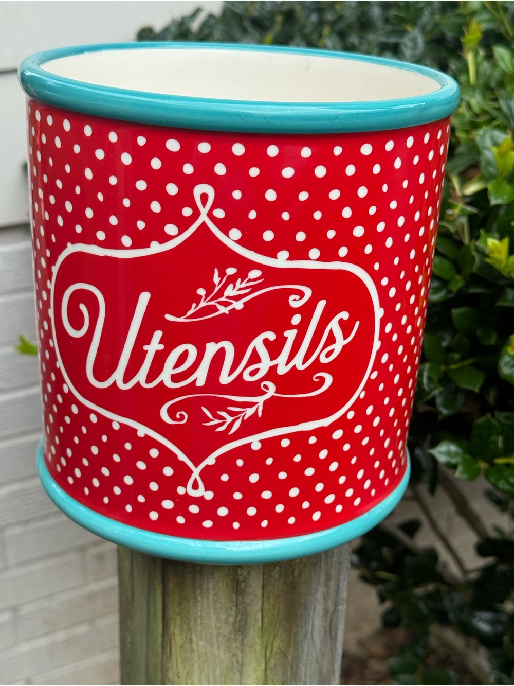 The Pioneer Woman Red and Turquoise Polka Dot Utensils Crock